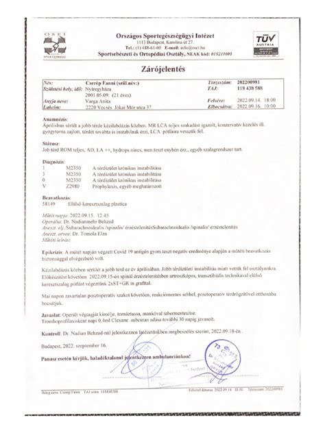 Orvosi zárójelentés mintája