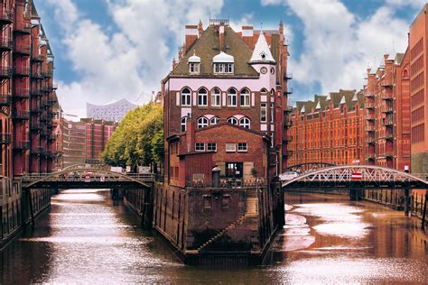 Speicherstadt látképe Hamburgban