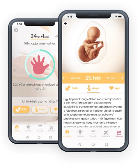 PregHello alkalmazás főbb funkcióit bemutató screenshotok