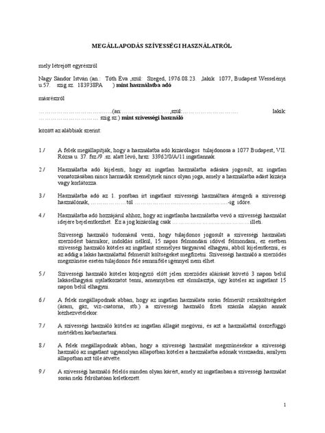 lakáshasználati szerződés minta