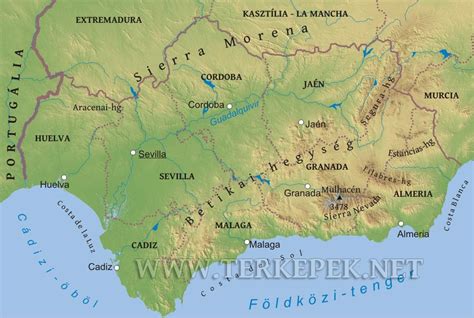 Andalúzia térképe hegyvidéki és tengerparti területekkel