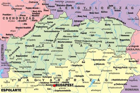 Térkép Szlovákia és Magyarország, kiemelve Nyitra, Kassa és Budapest