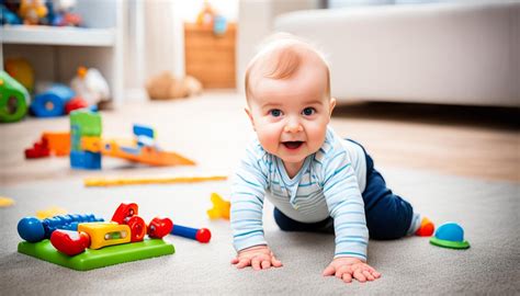 A 7 hónapos baba játékokkal játszik a szőnyegen