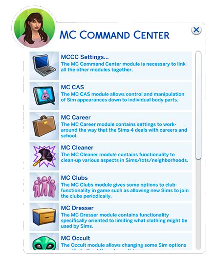 Sims 4 MC Command Center menü