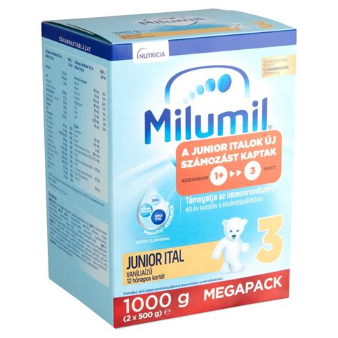 Milumil Junior gyerekital doboza és a benne lévő tápanyagok listája