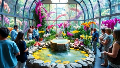 Az Orquidario de Estepona belseje orchideákkal és vízeséssel