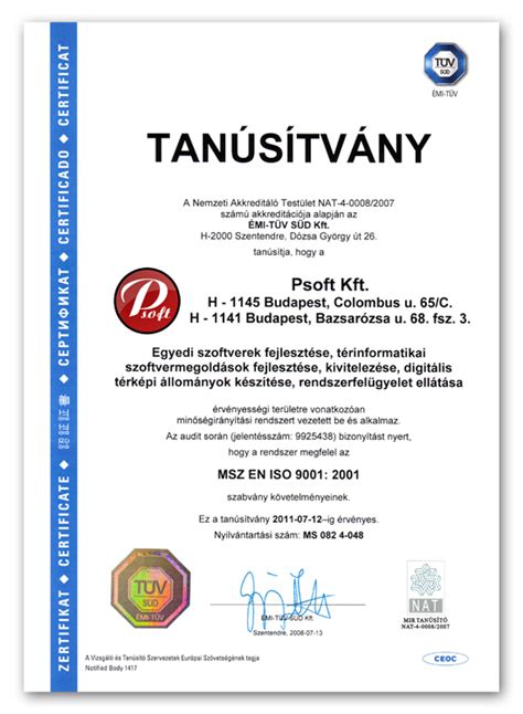 ISO 9001 minőségirányítási rendszer tanúsítvány
