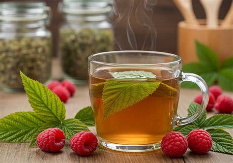 Erdei málnalevél tea főzete egy csészében