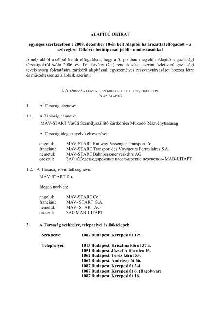 Alapító okirat mintadokumentum