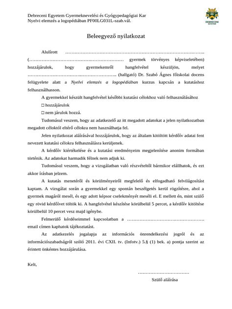 Kórházi beleegyező nyilatkozat minta