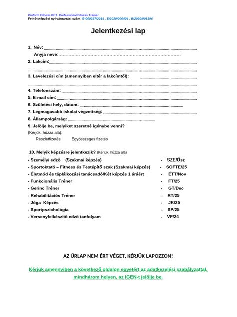 Kitöltött jelentkezési lap minta