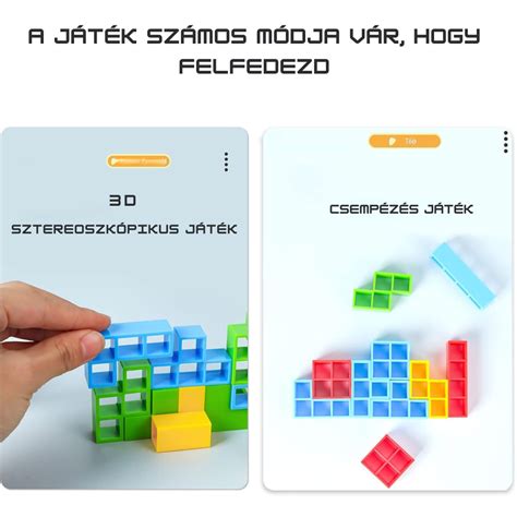 A Playgo toronyjáték különböző oldalainak rajzai, bemutatva a funkciókat
