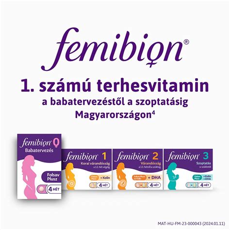 A Femibion 0 Babatervezés termék csomagolása, amelyen láthatók az összetevők és a heti adagok jelölése