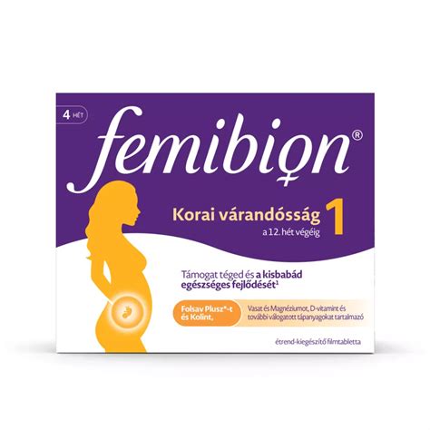 A Femibion 1 Korai Várandósság termék csomagolása és a benne található vitaminok illusztrációja