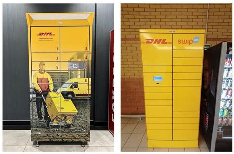 DHL csomagautomata kültéren, nyitott rekesszel