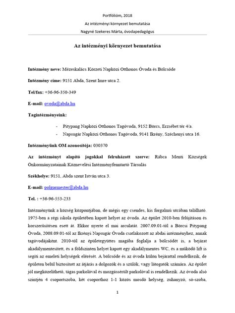 Az intézményi környezet bemutatásának főbb szempontjai
