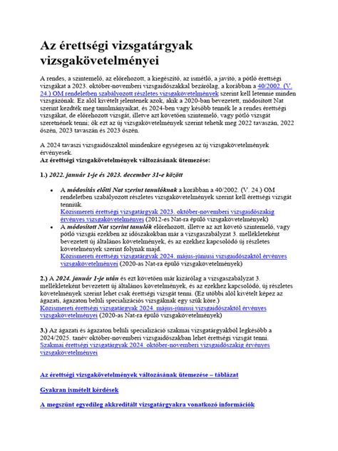 Érettségi vizsgatárgyak listája