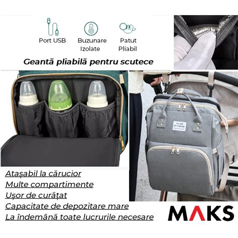 Csecsemő a babakocsiban, a babakocsin egy pelenkázó hátizsák lóg.