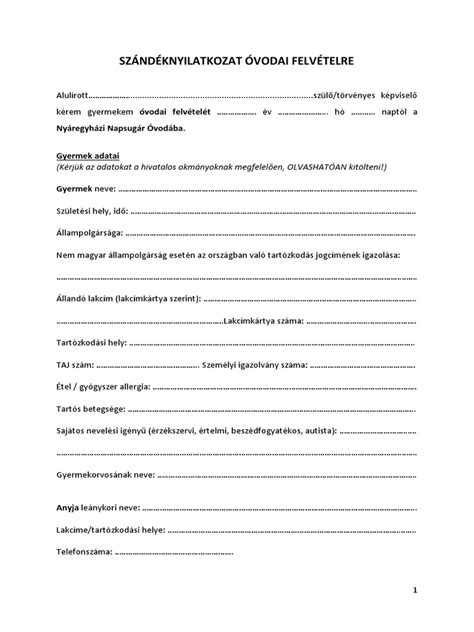Sablon szándéknyilatkozat bölcsődei felvételhez