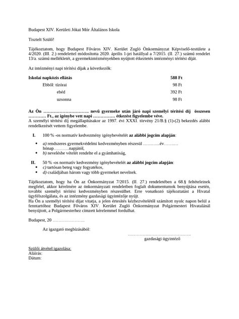 Térítési díj kedvezmények és jövedelmi határok összefoglaló táblázata