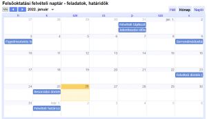 Naptár a fontosabb felvételi és vizsgaidőpontokkal