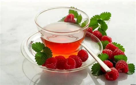 Málnalevél tea egy bögrében, háttérben friss málnalevelek
