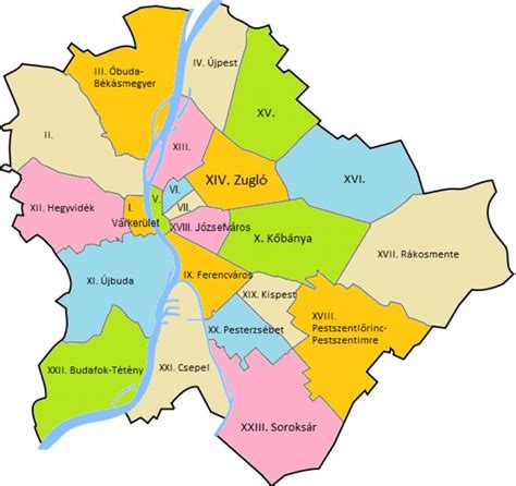 Budapest térképe a kerületek jelölésével
