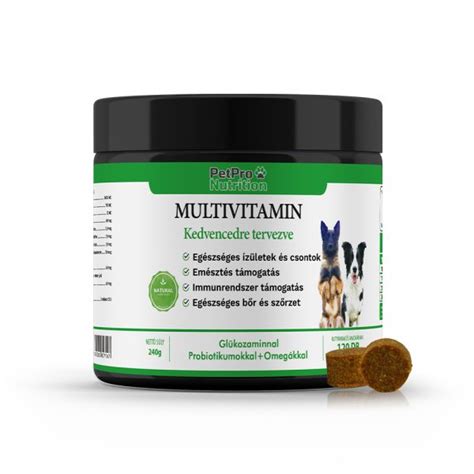 PetPro Nutrition Multivitamin csomagolása, mellette egy vidám francia bulldog kölyök