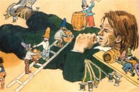 Gulliver megkötözve Lilliputban, körbevéve a törpékkel