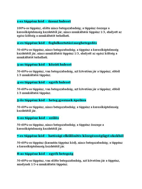 Táppénz kódok magyarázata