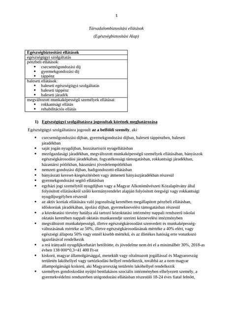 Társadalombiztosítási ellátások táblázata