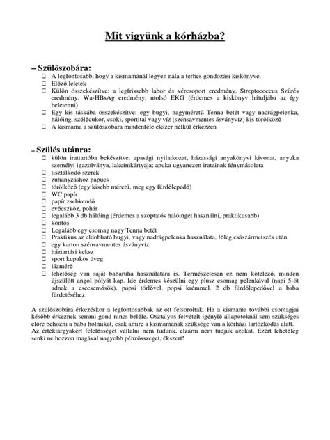 Kórházi táska ellenőrzőlista