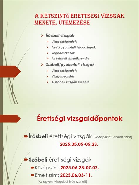 érettségi vizsgák listája