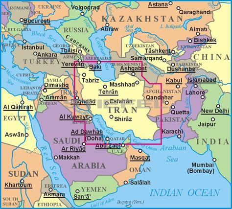 Térkép a Közel-Keleten Irán és Izrael elhelyezkedésével