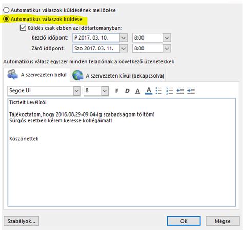 Példa out-of-office üzenet struktúrájára