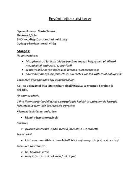 Példa egyéni fejlesztési tervre