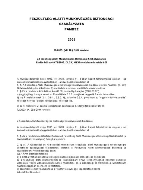 A CSED alatti munkavégzés szabályait bemutató táblázat