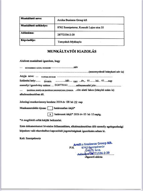 Munkáltatói igazolás minta