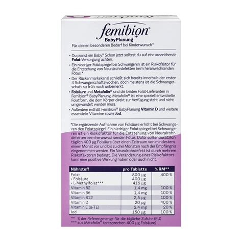 Femibion 0 BabyPlanung tabletta doboza és összetevői