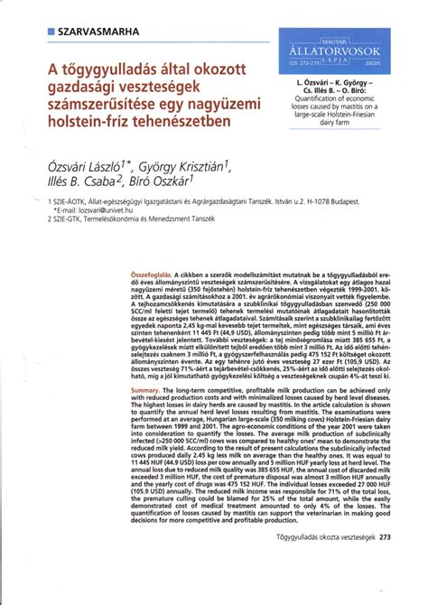 Gazdasági veszteségek a tőgygyulladás miatt