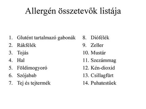Allergén összetevők táblázata és helyettesítői