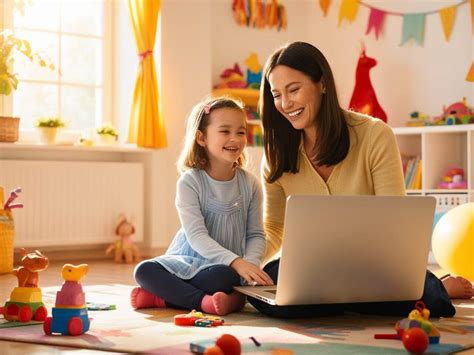 Anyuka laptop előtt, miközben kisgyermeke játszik mellette