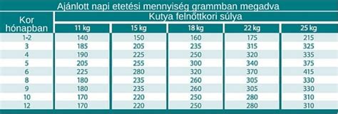 Táblázat a kölyök etetési útmutatóval